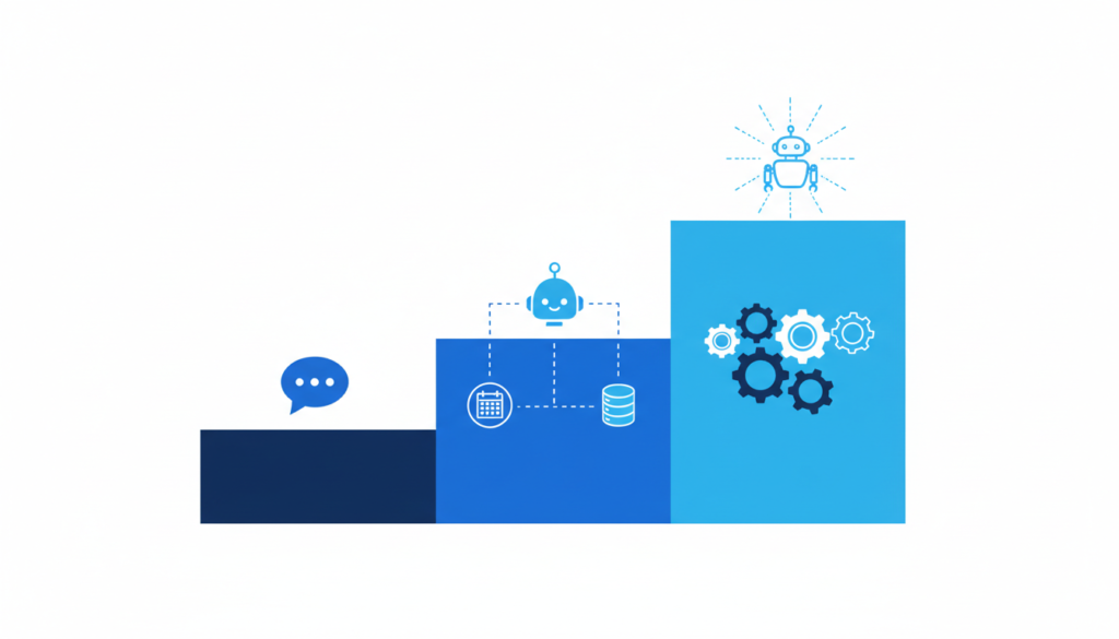 Three tiers of chatbot solutions that shape AI chatbot cost for small business, from simple to fully integrated
