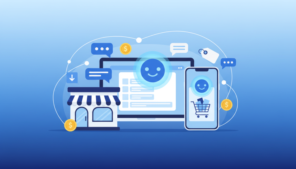 Illustration of an AI chatbot on laptop and phone showing AI chatbot cost for small business
