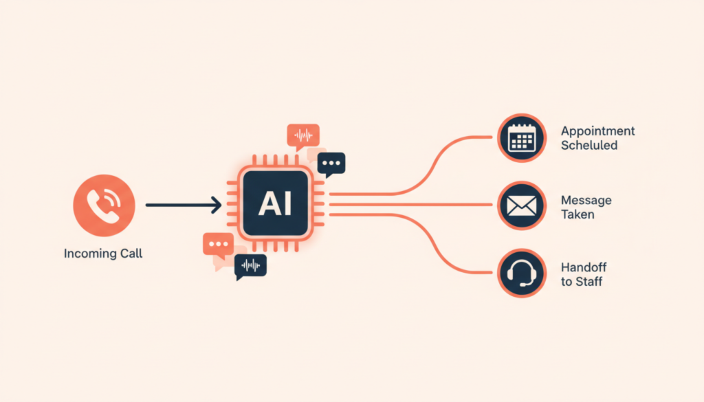How an AI receptionist for small business handles a call: books the appointment, takes a message or hands off to staff