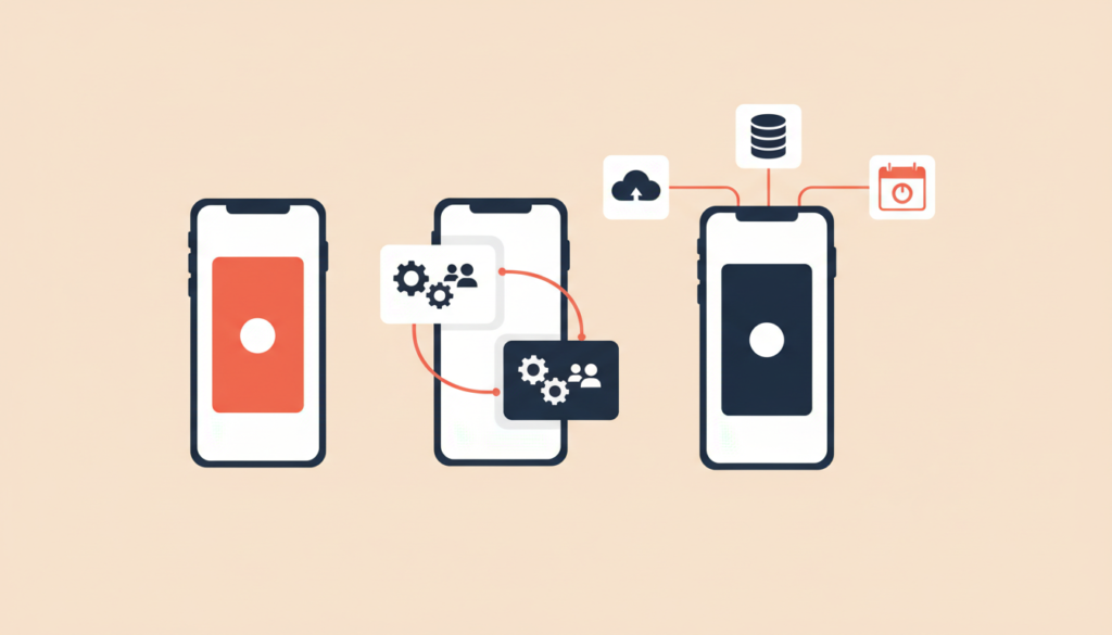 Three app complexity tiers that affect the cost to build an app for a small business, from simple to fully integrated