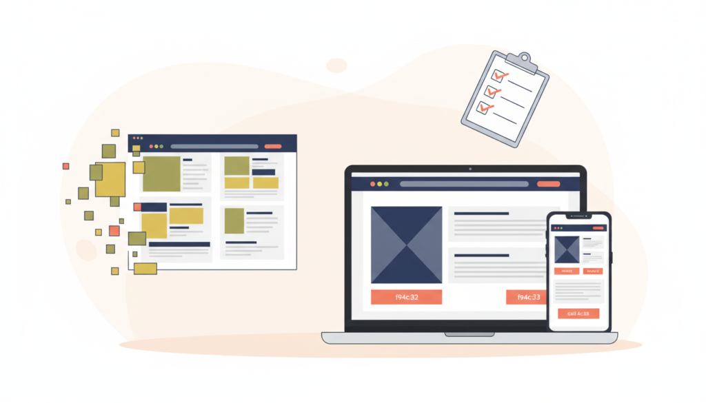 Website redesign checklist for small business illustrated as an old website turning into a modern responsive design